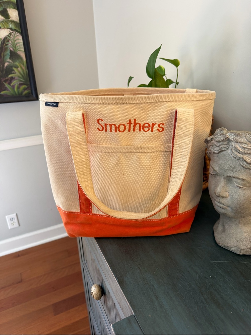 Lands’ End Canvas Tote Bag Orange & Cream Embroidered “Smothers”